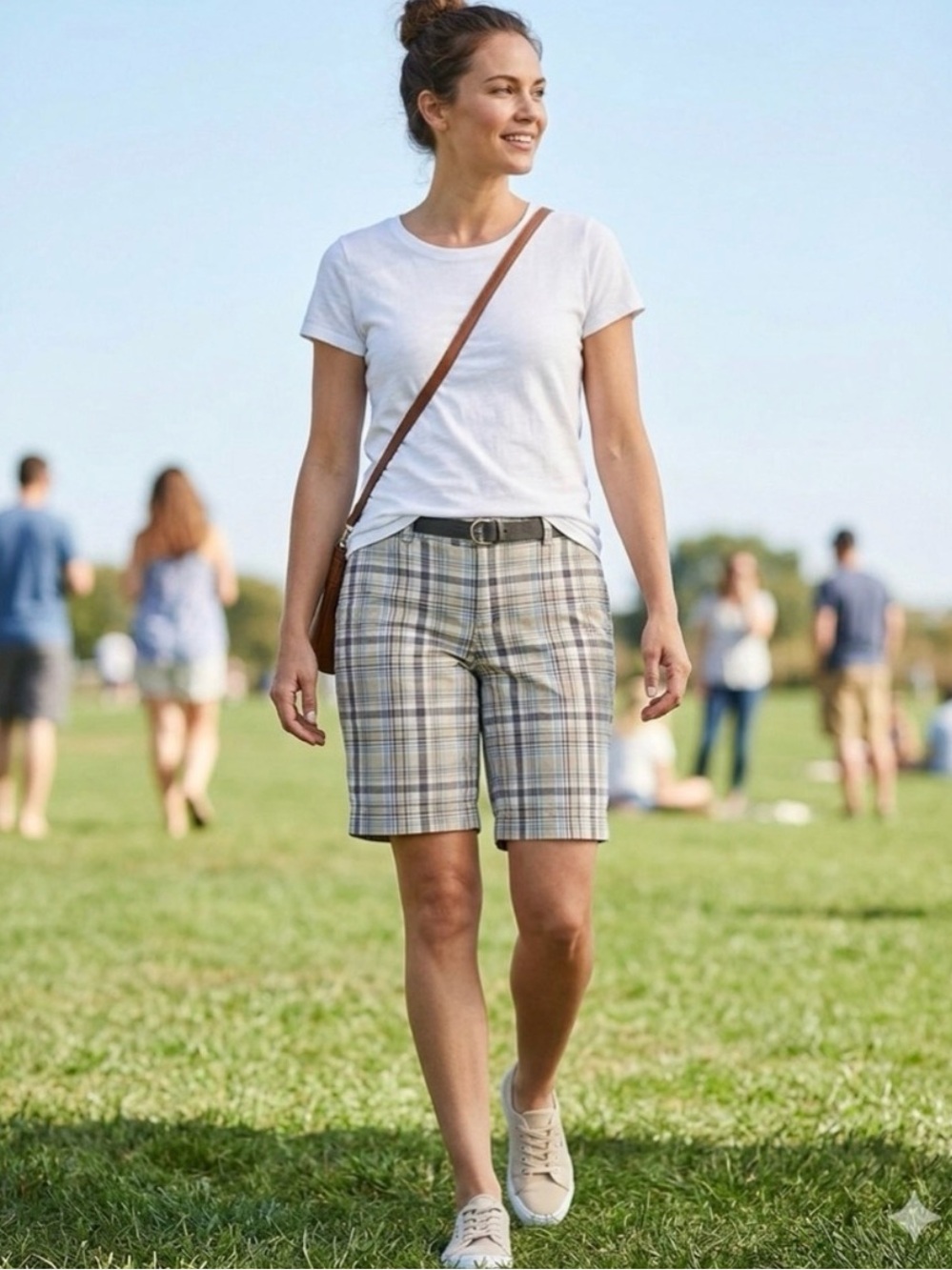 Merona Plaid Bermuda Shorts Size 14 Tan Blue Stretch Casual